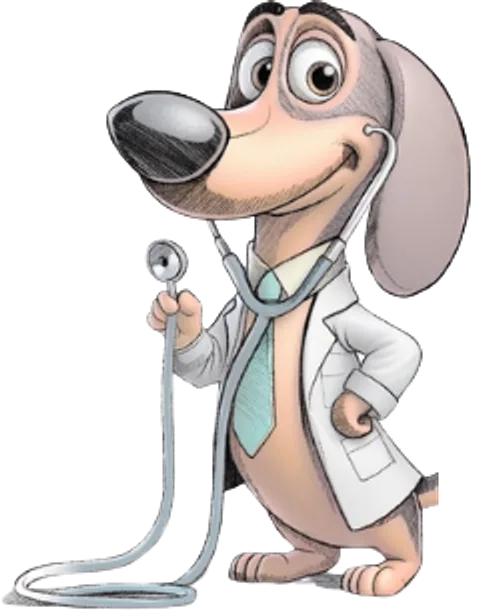 Mr. Vital Pet, la mascota de la clínica: un perro salchicha con bata blanca, corbata y estetoscopio